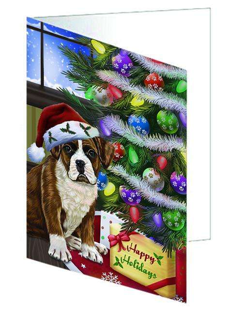 Christmas Happy Holidays Boxer Dog with Tree and Presents Handmade Artwork Assorted Pets Greeting Cards and Note Cards with Envelopes for All Occasions and Holiday Seasons GCD65450