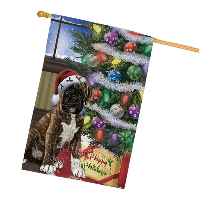Christmas Happy Holidays Boxer Dog with Tree and Presents House Flag FLG54004