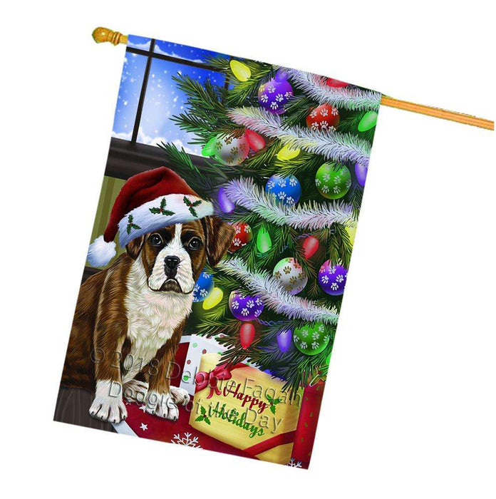 Christmas Happy Holidays Boxer Dog with Tree and Presents House Flag FLG54005