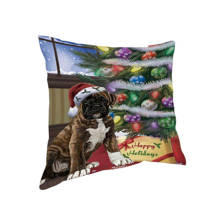 Christmas Happy Holidays Boxer Dog with Tree and Presents Pillow PIL71848