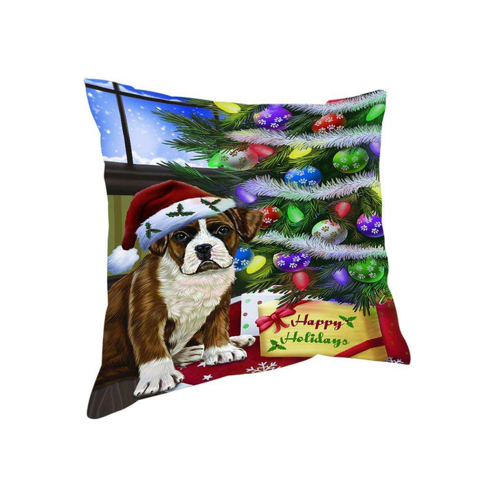 Christmas Happy Holidays Boxer Dog with Tree and Presents Pillow PIL71852