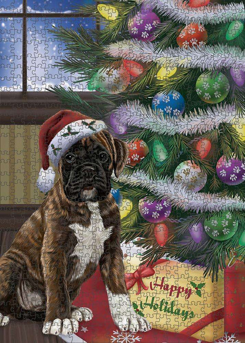 Christmas Happy Holidays Boxer Dog with Tree and Presents Puzzle with Photo Tin PUZL82380
