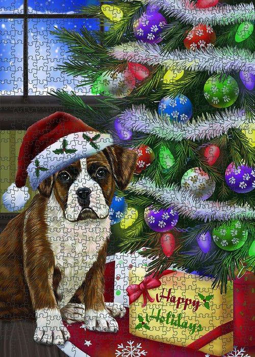 Christmas Happy Holidays Boxer Dog with Tree and Presents Puzzle with Photo Tin PUZL82384