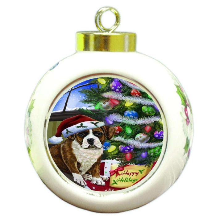 Christmas Happy Holidays Boxer Dog with Tree and Presents Round Ball Christmas Ornament RBPOR53806