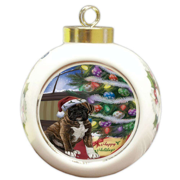 Christmas Happy Holidays Boxer Dog with Tree and Presents Round Ball Christmas Ornament RBPOR53807