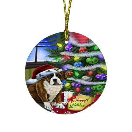 Christmas Happy Holidays Boxer Dog with Tree and Presents Round Flat Christmas Ornament RFPOR53797