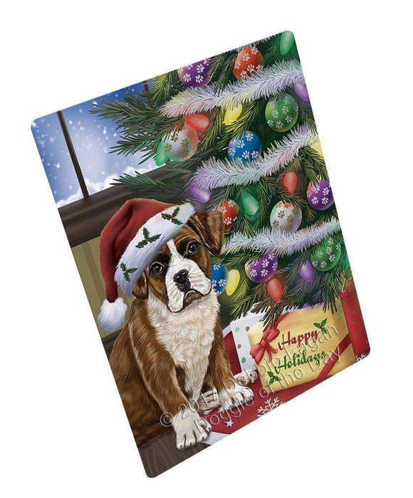 Christmas Happy Holidays Boxers Dog with Tree and Presents Art Portrait Print Woven Throw Sherpa Plush Fleece Blanket