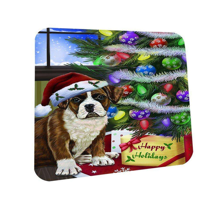 Christmas Happy Holidays Boxers Dog with Tree and Presents Coasters Set of 4