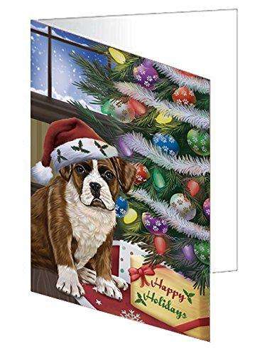 Christmas Happy Holidays Boxers Dog with Tree and Presents Handmade Artwork Assorted Pets Greeting Cards and Note Cards with Envelopes for All Occasions and Holiday Seasons