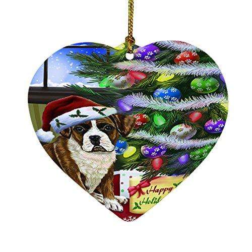 Christmas Happy Holidays Boxers Dog with Tree and Presents Heart Ornament D060
