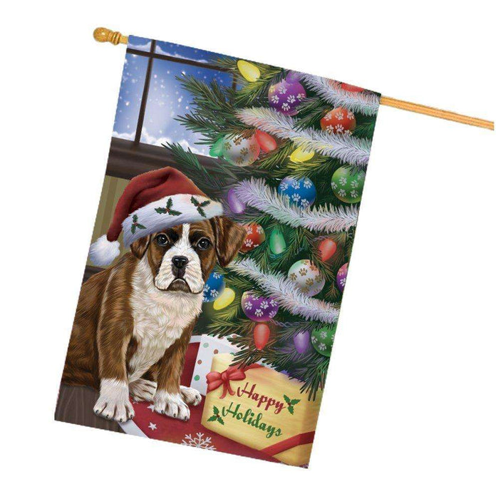 Christmas Happy Holidays Boxers Dog with Tree and Presents House Flag