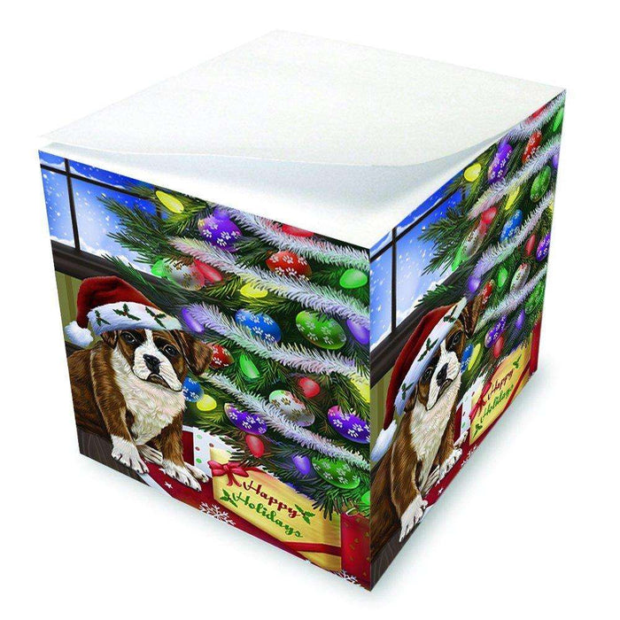 Christmas Happy Holidays Boxers Dog with Tree and Presents Note Cube D056
