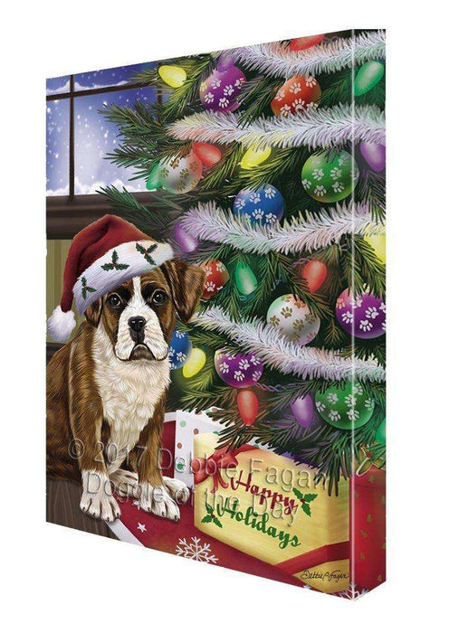 Christmas Happy Holidays Boxers Dog with Tree and Presents Painting Printed on Canvas Wall Art