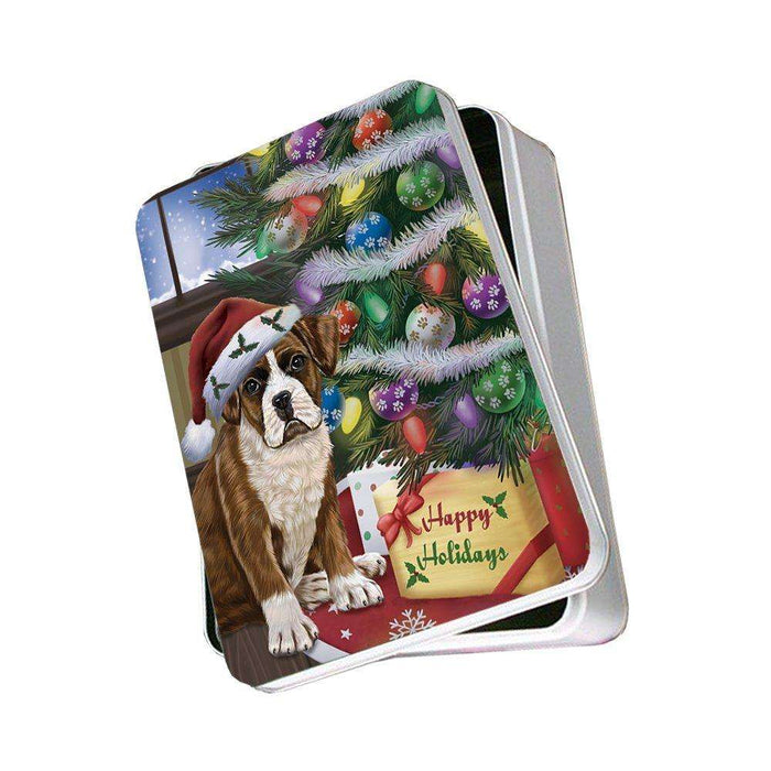 Christmas Happy Holidays Boxers Dog with Tree and Presents Photo Storage Tin