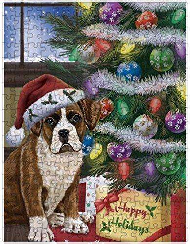 Christmas Happy Holidays Boxers Dog with Tree and Presents Puzzle with Photo Tin