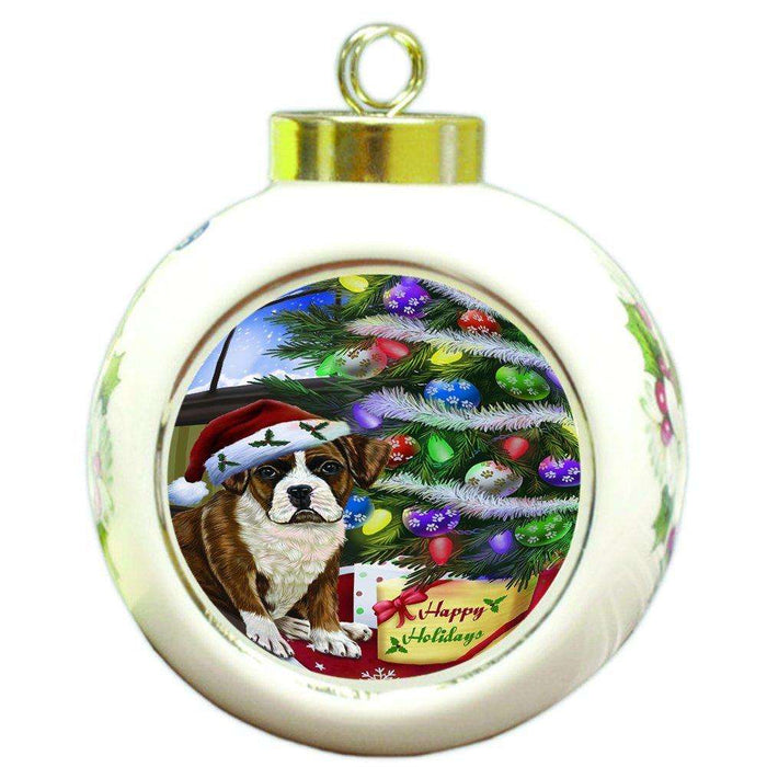 Christmas Happy Holidays Boxers Dog with Tree and Presents Round Ball Ornament D060