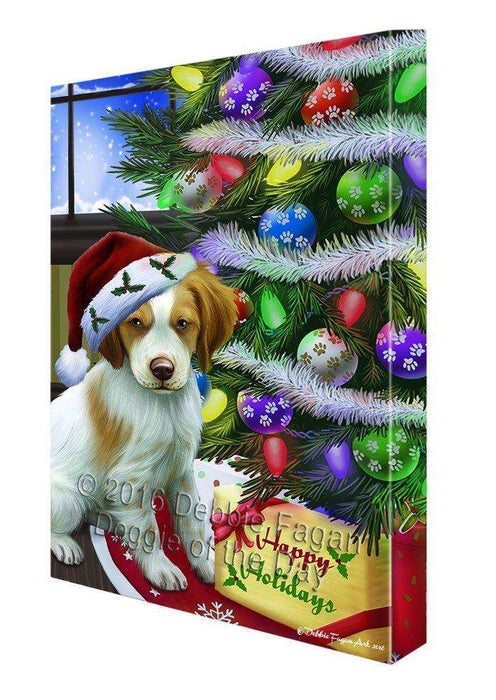 Christmas Happy Holidays Brittany Spaniel Dog with Tree and Presents Canvas Wall Art