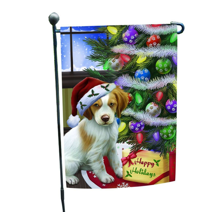Christmas Happy Holidays Brittany Spaniel Dog with Tree and Presents Garden Flag