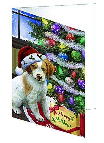 Christmas Happy Holidays Brittany Spaniel Dog with Tree and Presents Handmade Artwork Assorted Pets Greeting Cards and Note Cards with Envelopes for All Occasions and Holiday Seasons