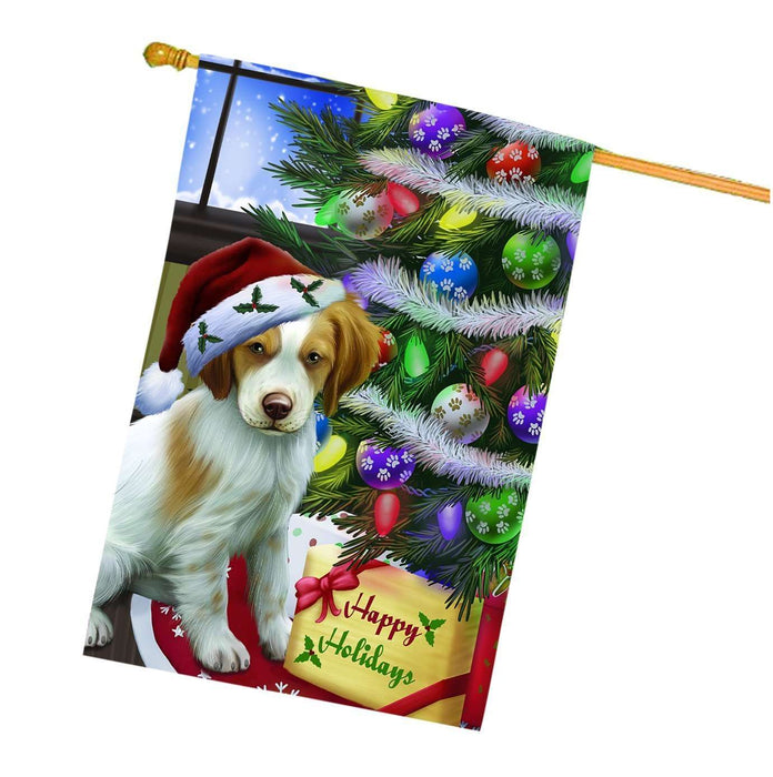 Christmas Happy Holidays Brittany Spaniel Dog with Tree and Presents House Flag