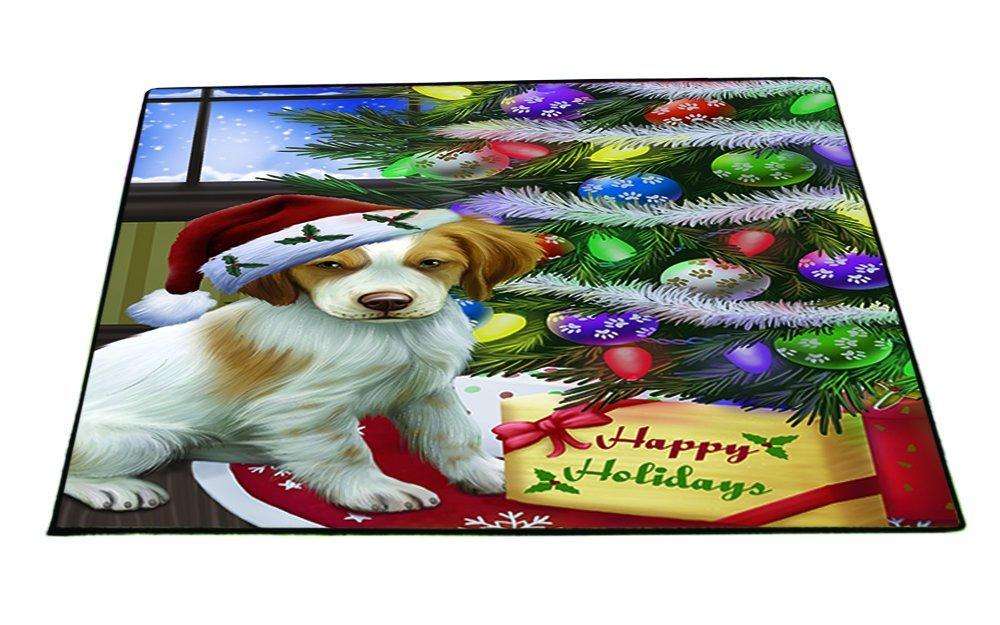 Christmas Happy Holidays Brittany Spaniel Dog with Tree and Presents Indoor/Outdoor Floormat