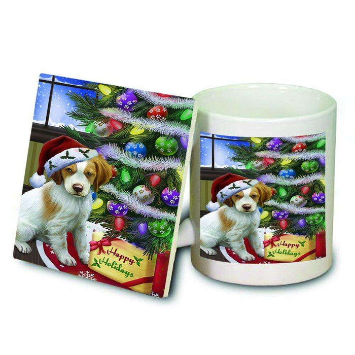 Christmas Happy Holidays Brittany Spaniel Dog with Tree and Presents Mug and Coaster Set