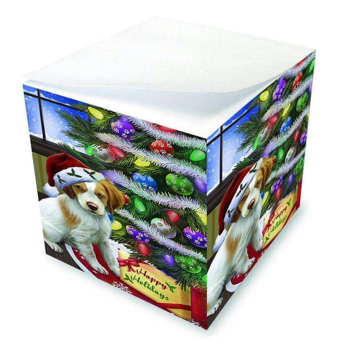 Christmas Happy Holidays Brittany Spaniel Dog with Tree and Presents Note Cube D040