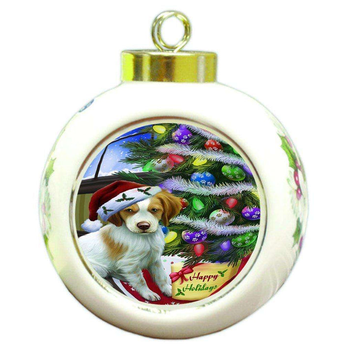 Christmas Happy Holidays Brittany Spaniel Dog with Tree and Presents Round Ball Ornament D044