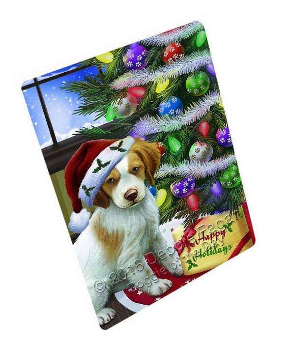 Christmas Happy Holidays Brittany Spaniel Dog with Tree and Presents Tempered Cutting Board