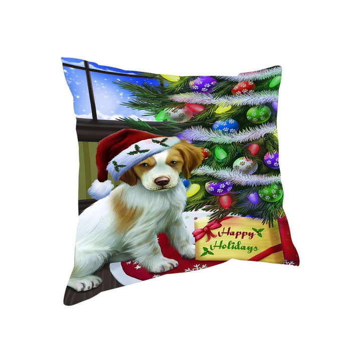 Christmas Happy Holidays Brittany Spaniel Dog with Tree and Presents Throw Pillow