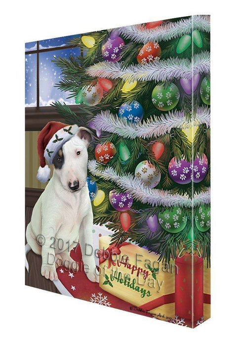 Christmas Happy Holidays Bull Terrier Dog with Tree and Presents Canvas Wall Art