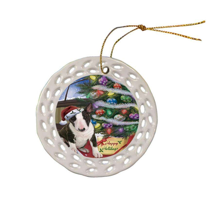 Christmas Happy Holidays Bull Terrier Dog with Tree and Presents Ceramic Doily Ornament DPOR53808