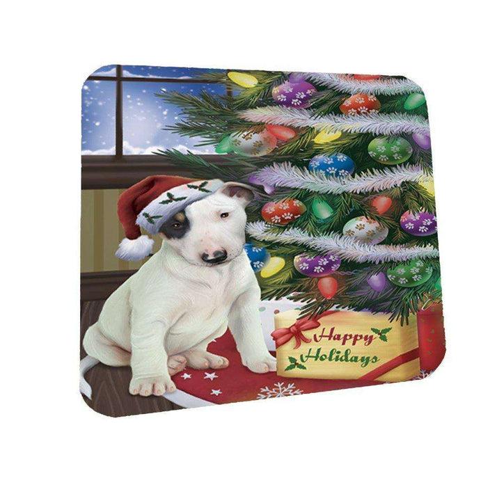 Christmas Happy Holidays Bull Terrier Dog with Tree and Presents Coasters Set of 4
