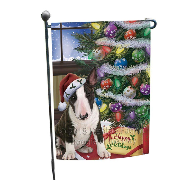 Christmas Happy Holidays Bull Terrier Dog with Tree and Presents Garden Flag GFLG53870