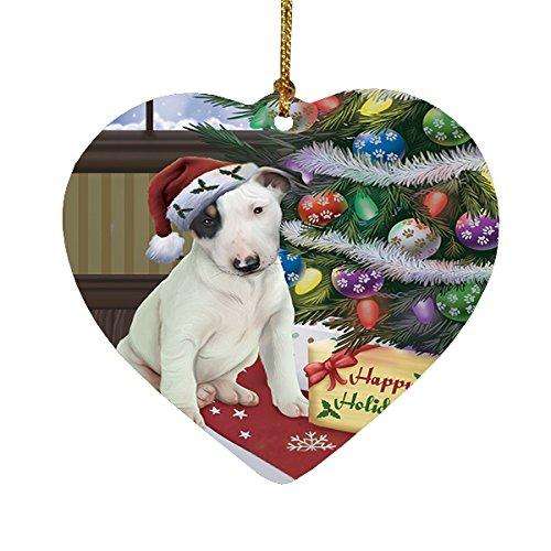 Christmas Happy Holidays Bull Terrier Dog with Tree and Presents Heart Ornament