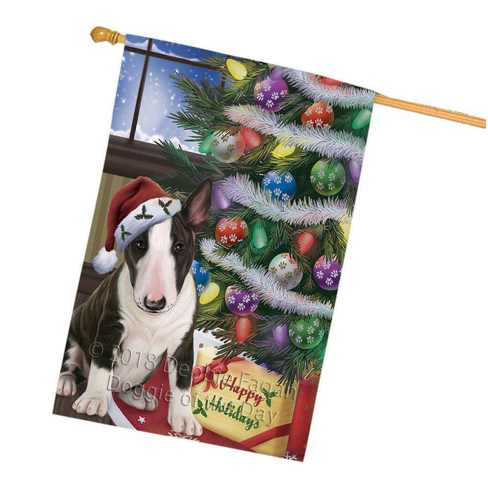 Christmas Happy Holidays Bull Terrier Dog with Tree and Presents House Flag FLG54006