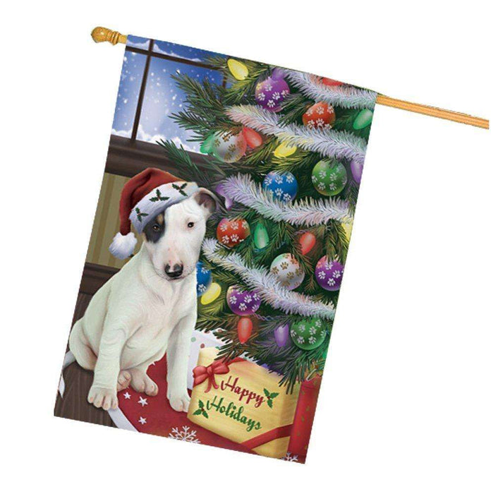 Christmas Happy Holidays Bull Terrier Dog with Tree and Presents House Flag