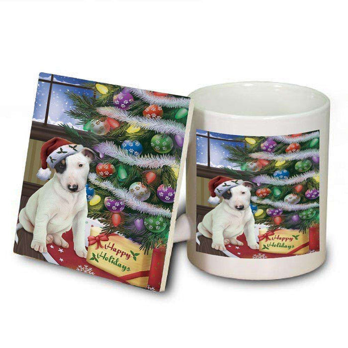 Christmas Happy Holidays Bull Terrier Dog with Tree and Presents Mug and Coaster Set