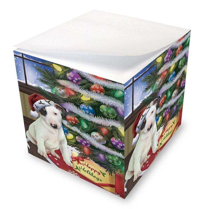 Christmas Happy Holidays Bull Terrier Dog with Tree and Presents Note Cube