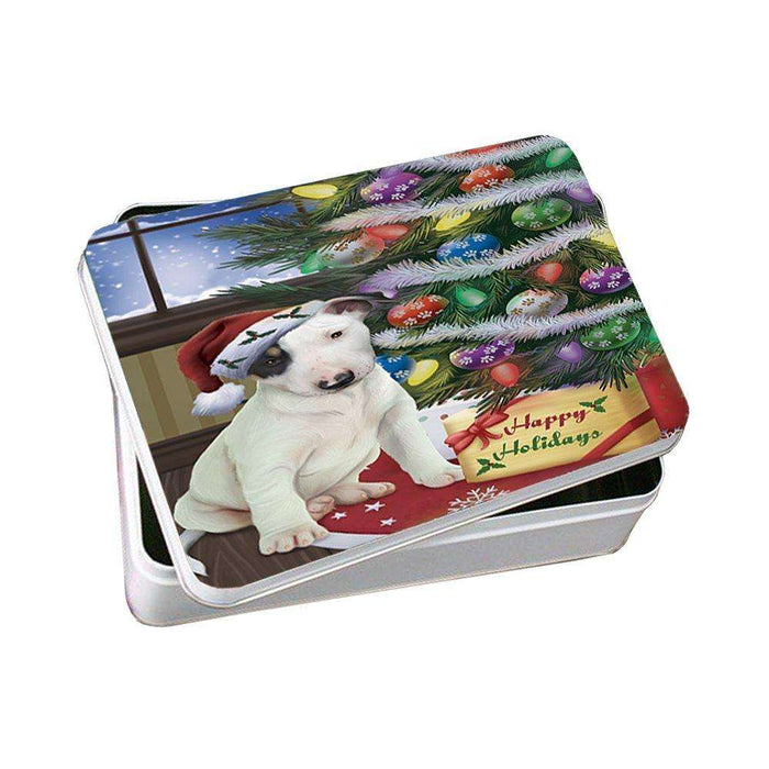 Christmas Happy Holidays Bull Terrier Dog with Tree and Presents Photo Storage Tin
