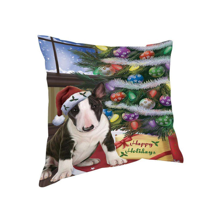 Christmas Happy Holidays Bull Terrier Dog with Tree and Presents Pillow PIL71856