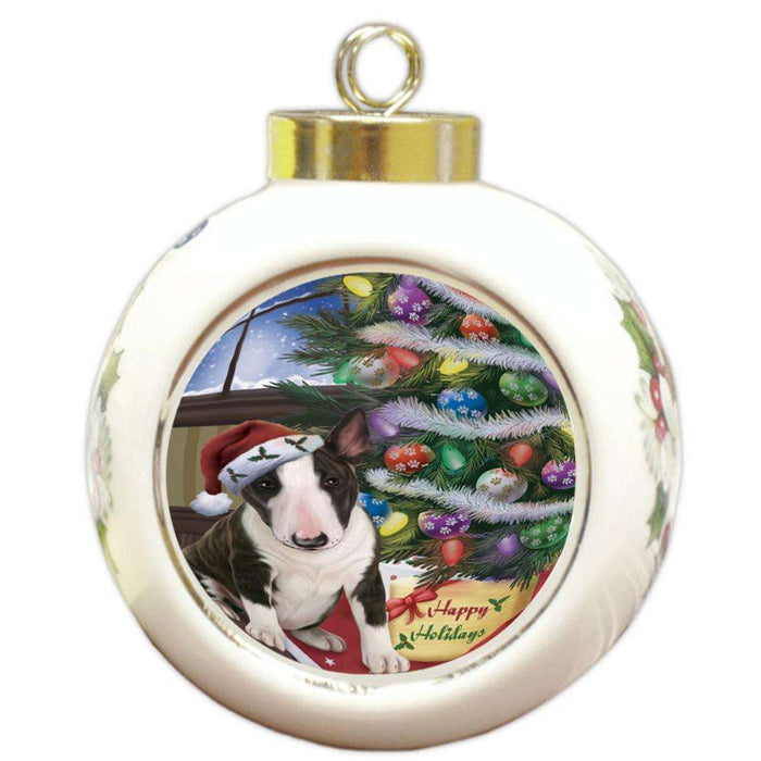 Christmas Happy Holidays Bull Terrier Dog with Tree and Presents Round Ball Christmas Ornament RBPOR53808