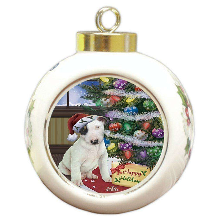 Christmas Happy Holidays Bull Terrier Dog with Tree and Presents Round Ball Ornament