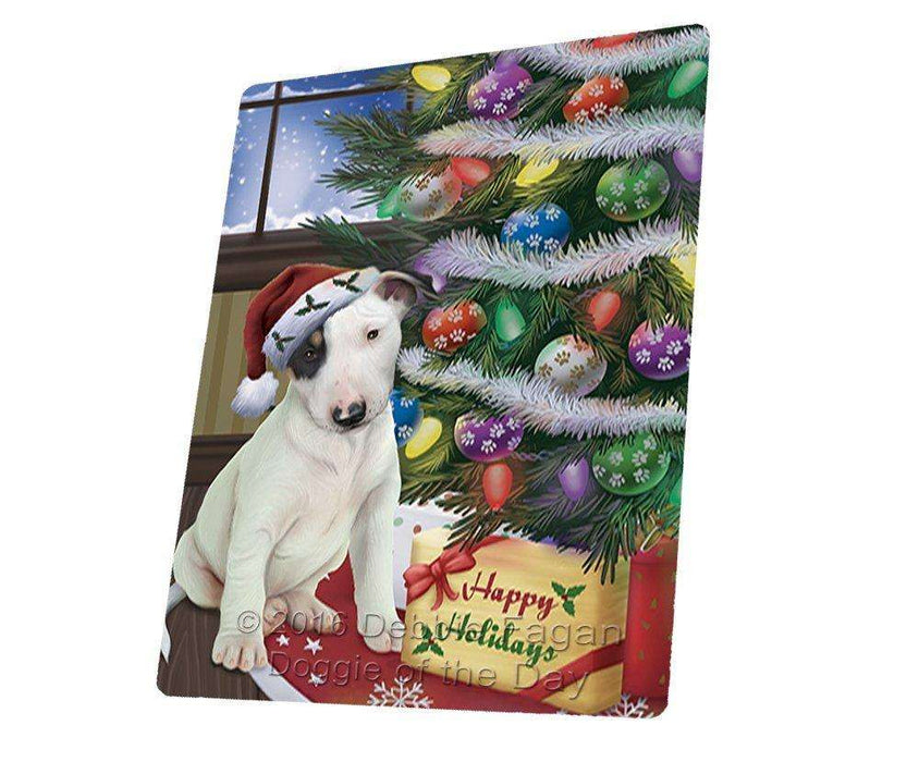 Christmas Happy Holidays Bull Terrier Dog with Tree and Presents Tempered Cutting Board