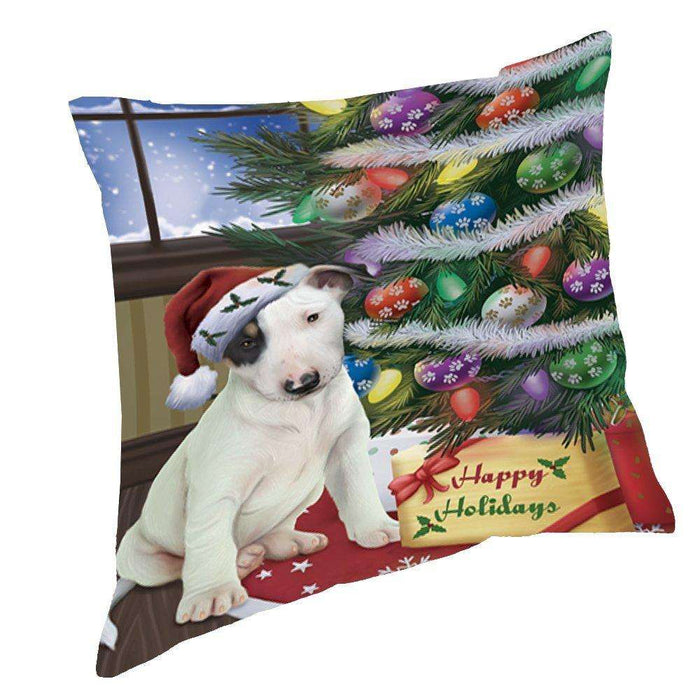 Christmas Happy Holidays Bull Terrier Dog with Tree and Presents Throw Pillow