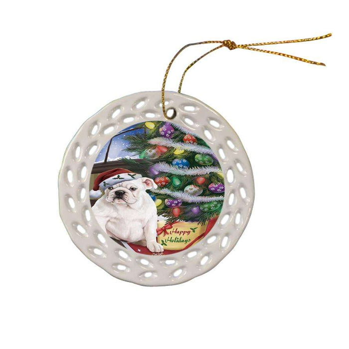 Christmas Happy Holidays Bulldog with Tree and Presents Ceramic Doily Ornament DPOR53809