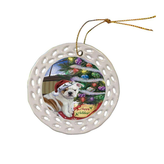 Christmas Happy Holidays Bulldog with Tree and Presents Ceramic Doily Ornament DPOR53810
