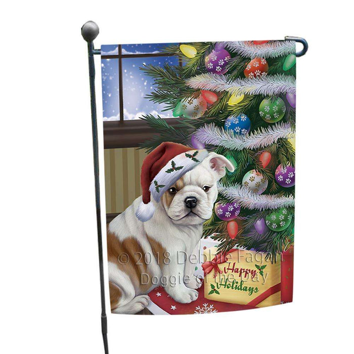 Christmas Happy Holidays Bulldog with Tree and Presents Garden Flag GFLG53872