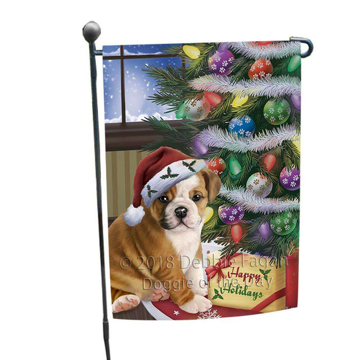 Christmas Happy Holidays Bulldog with Tree and Presents Garden Flag GFLG53873