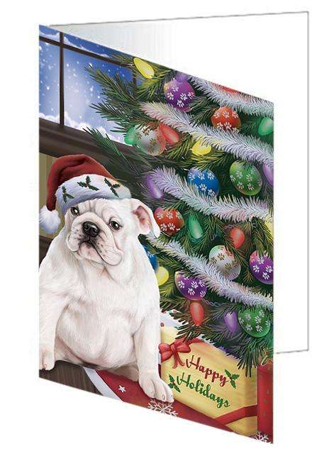 Christmas Happy Holidays Bulldog with Tree and Presents Handmade Artwork Assorted Pets Greeting Cards and Note Cards with Envelopes for All Occasions and Holiday Seasons GCD65456